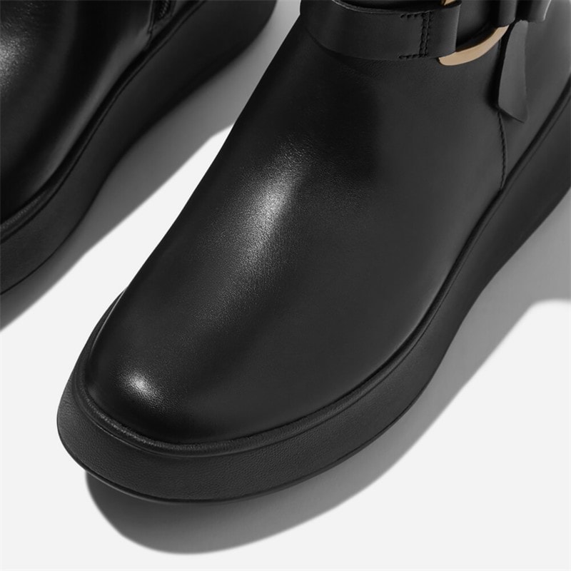 FitFlop Dames F-Mode Met Gesp Leer Flatform Enkellaarsjes Zwart - Afbeelding 4