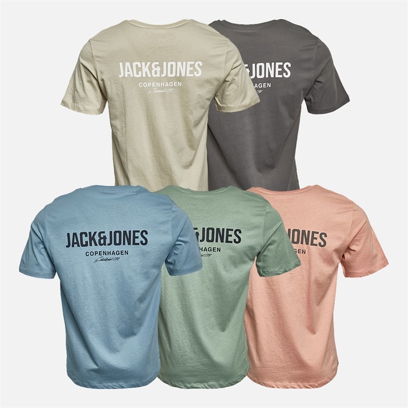 JACK & JONES Herenshirts Jeff Orion Vijf-pack T-shirts Maanlicht/Kasteelrots/Bergbron/Koraal Amandel/IJsberg Groen - Afbeelding 2