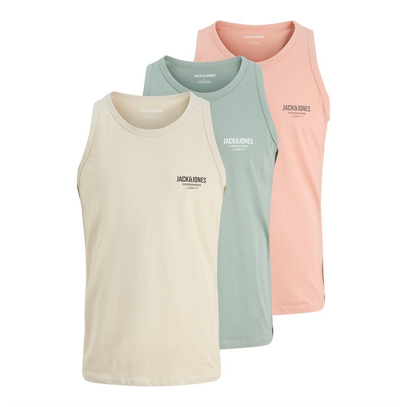 JACK & JONES Heren Jeff Orion Drie Pak Tanktops Iceberg Groen / Koraal Amandel / Maanstraal - Afbeelding 1