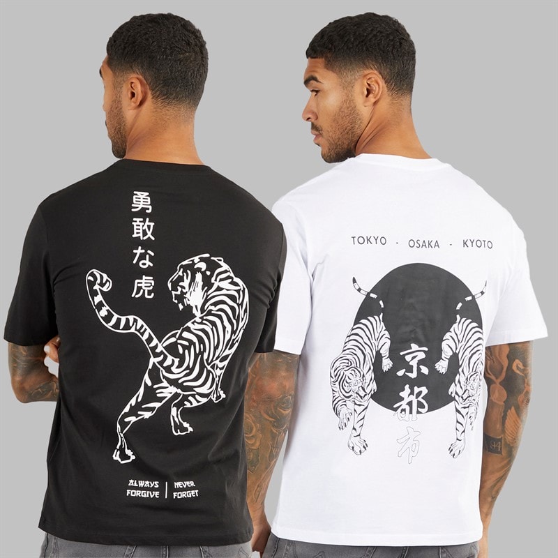 JACK & JONES Heren Relaxte Pasvorm Rug Print Set van 2 T-Shirts Zwart / Wit