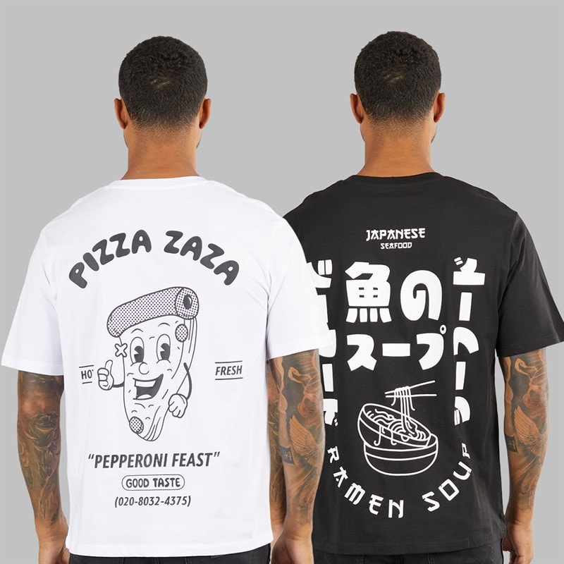 JACK & JONES Heren Relaxed Fit Rug Print Set van 2 T-Shirts Zwart / Wit