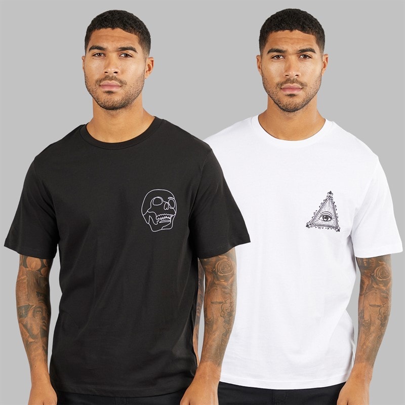 JACK & JONES Heren Relaxte Pasvorm Rugprint Twee Pak T-shirts Zwart / Wit - Afbeelding 2