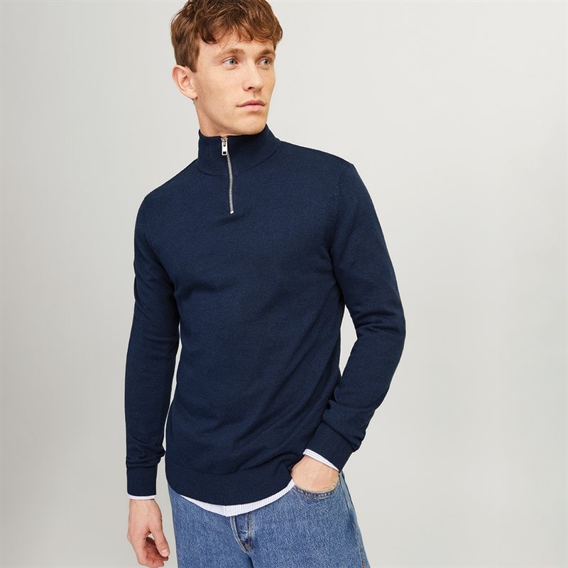 JACK & JONES Heren Emil Knit 1 / 2 Rits Trui Navy - Afbeelding 1