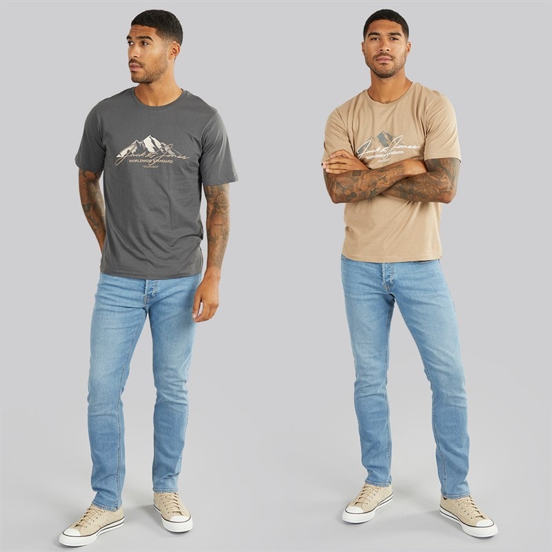 JACK & JONES Heren Cover Mountain Twee Pak T-Shirts Asphalt / Silver Mink - Afbeelding 3