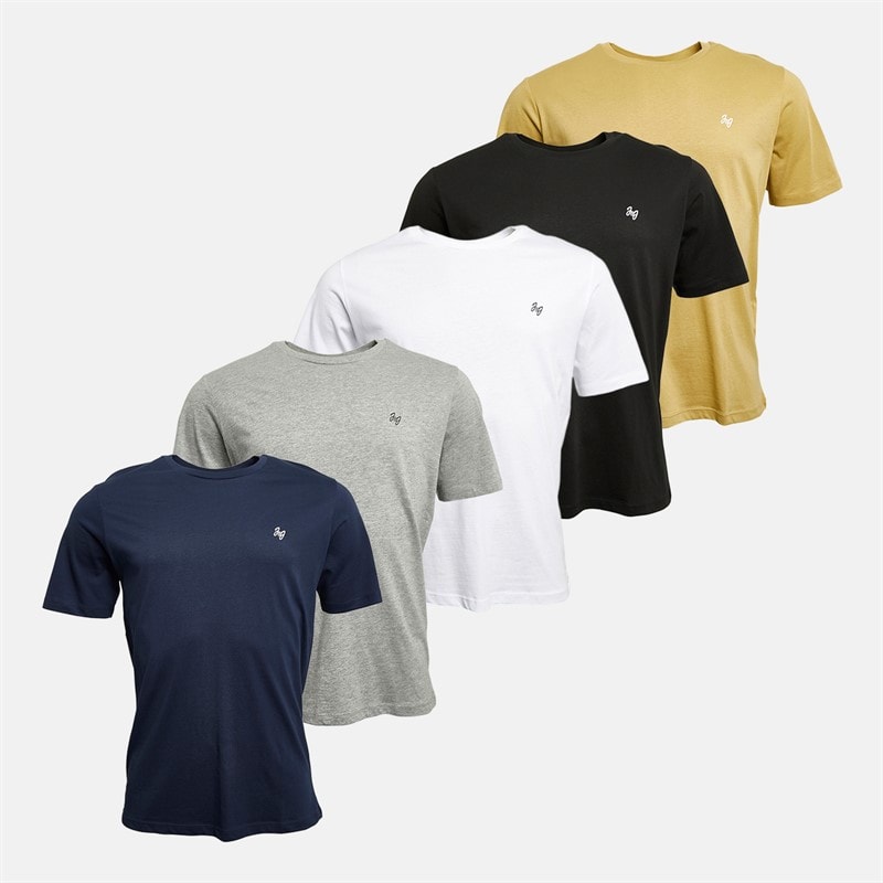JACK & JONES Heren Joseph Set van 5 T-Shirts Marineblauw / Wit / Grijs / Khaki / Zwart