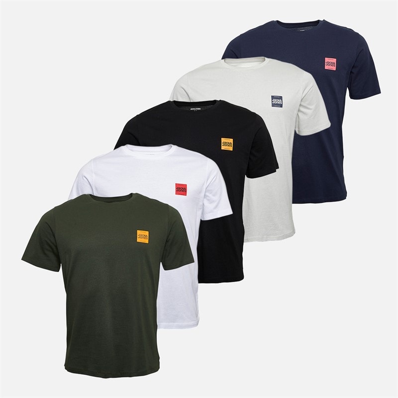 JACK & JONES Heren Brandy Vijf Pack T-shirts Zwart/Wit/Duffle Bag/Navy Blazer/Glazier Grey