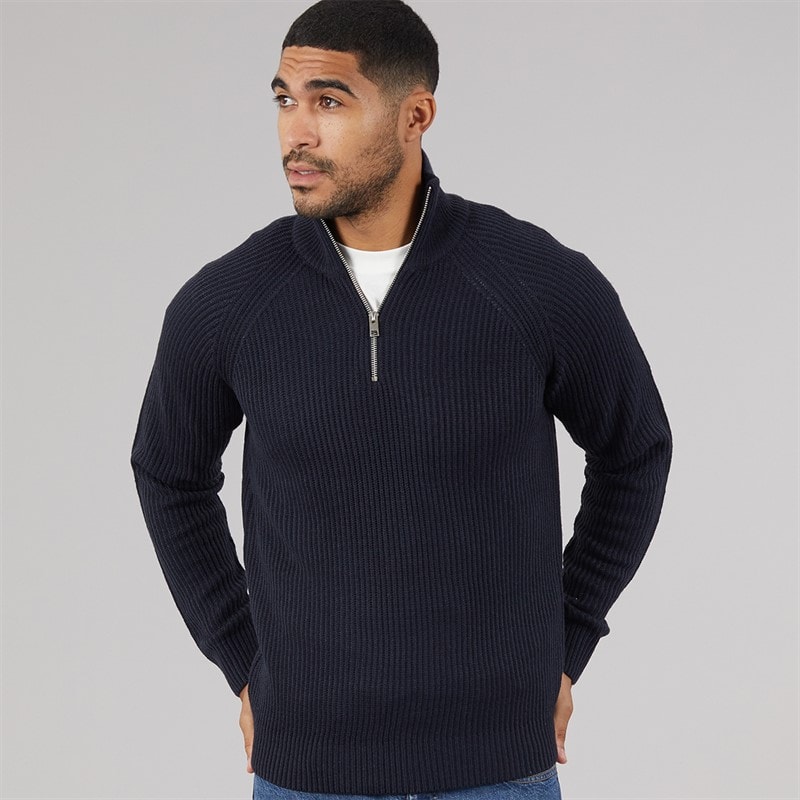 JACK & JONES Panelowy dzianinowy sweter z połowicznym zamkiem dla niego kolor Sky Captain