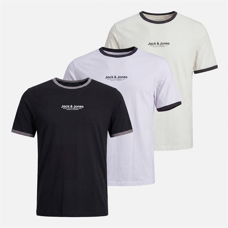 JACK & JONES lot de trois t-shirts à bordures contrastées Homme Noir/Blanc/Gris Glacier - Image 1