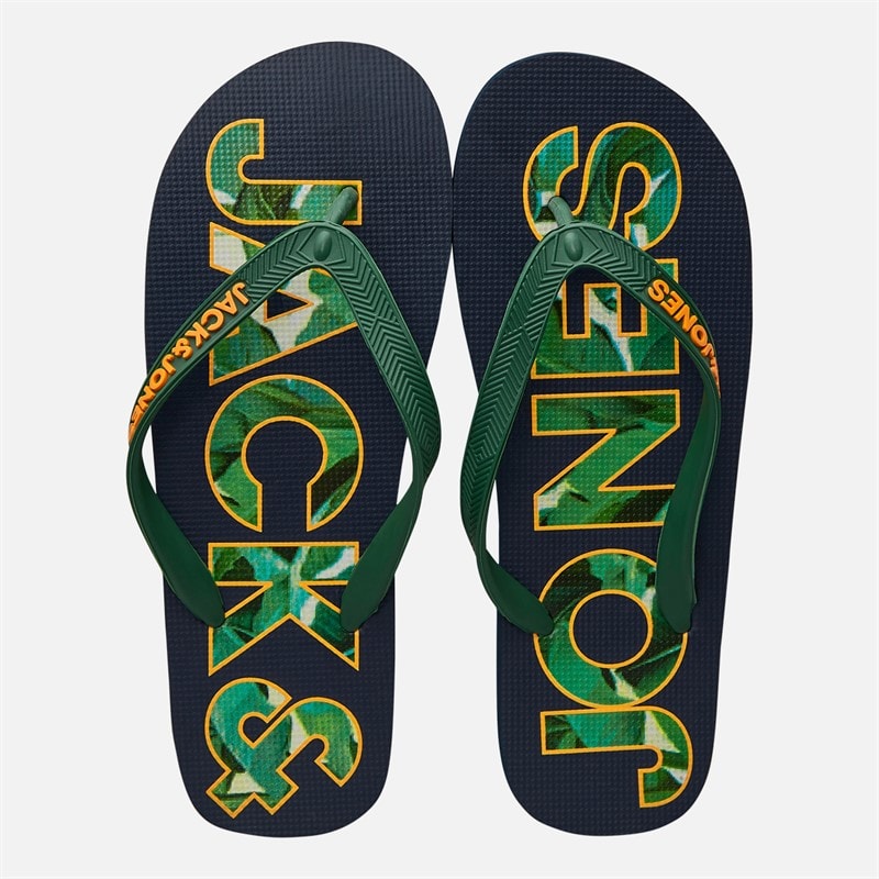 JACK & JONES Heren palmprint logo slippers Navy Blazer/Verdant Green - Afbeelding 4