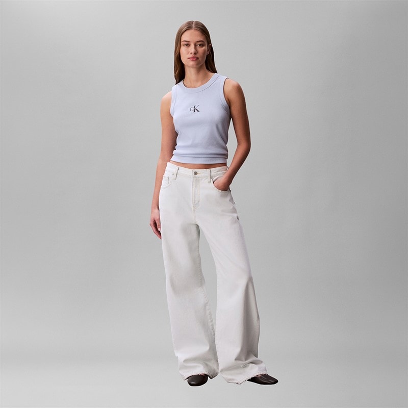 Calvin Klein Jeans Monologo top w prążki dla niej kolor Breezy Blue – zdjęcie  4
