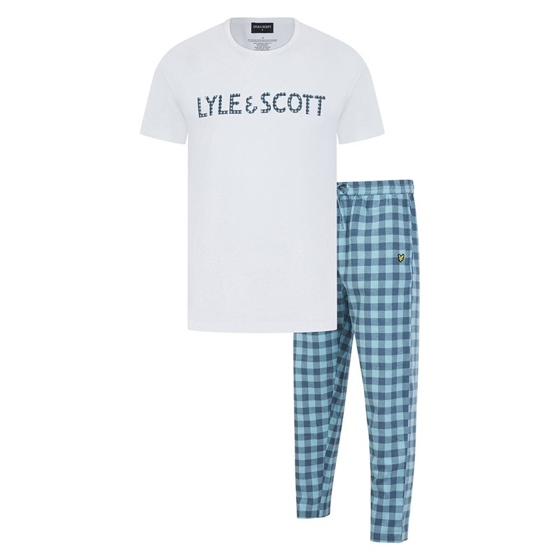 Lyle And Scott Vintage Heren Holden T-shirt en geruite loungebroek set Bright White/Blue Check