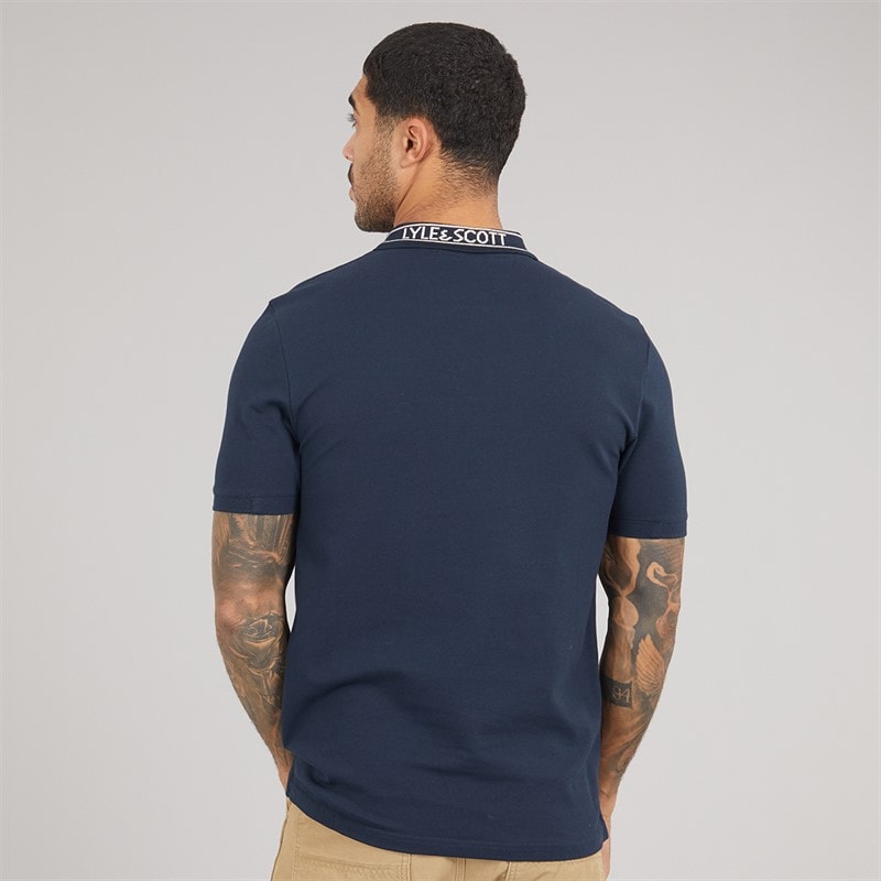 Lyle And Scott Vintage Heren Logo Geribbelde Polo Shirt Y070 Dark Navy/Bone White - Afbeelding 2