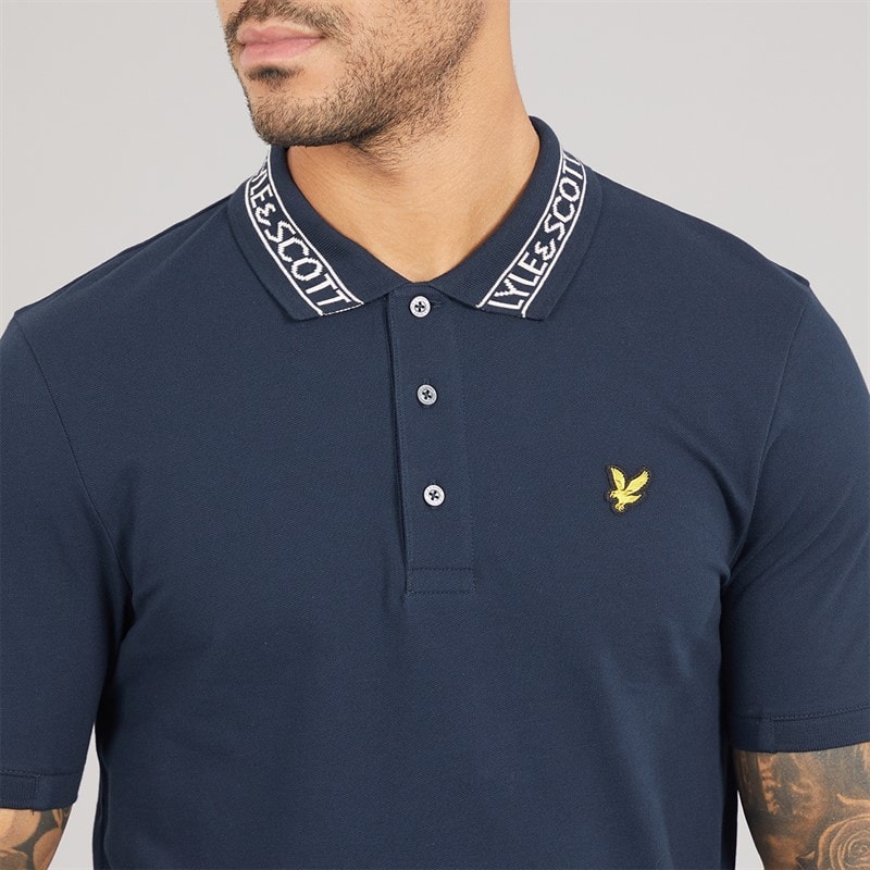 Lyle And Scott Vintage Heren Logo Geribbelde Polo Shirt Y070 Dark Navy/Bone White - Afbeelding 3