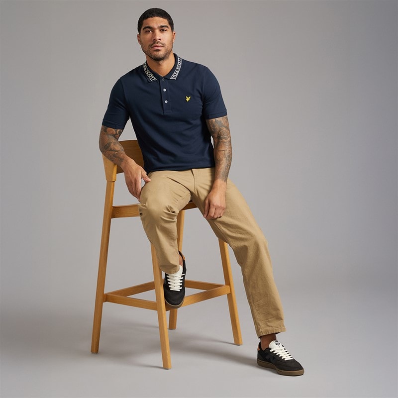 Lyle And Scott Vintage Heren Logo Geribbelde Polo Shirt Y070 Dark Navy/Bone White - Afbeelding 4
