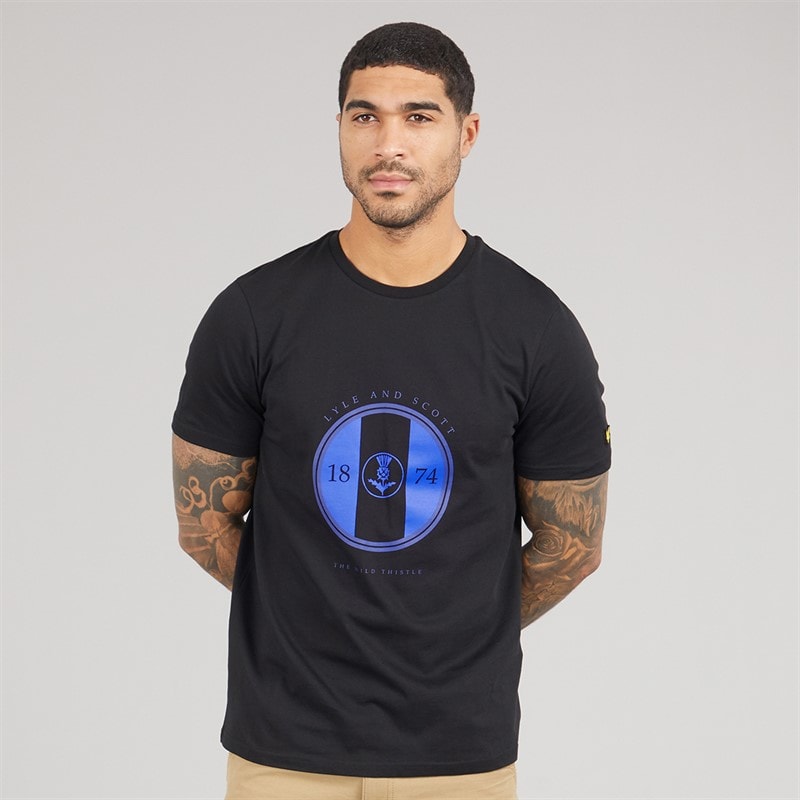 Lyle And Scott Vintage Heren Sporty Distel Grafisch T-shirt X779 Jet Black/Now Blue