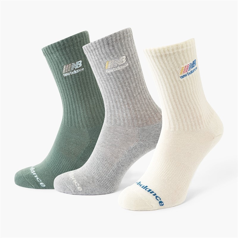 New Balance Borduurlogo Drie Pack Crew Sokken Wit/Grijs/Groen - Afbeelding 1