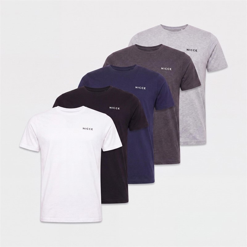 NICCE Herren Ascott Fünferpack T Shirts Weiß/Schwarz/Grey Marl/Navy/Charcoal Marl