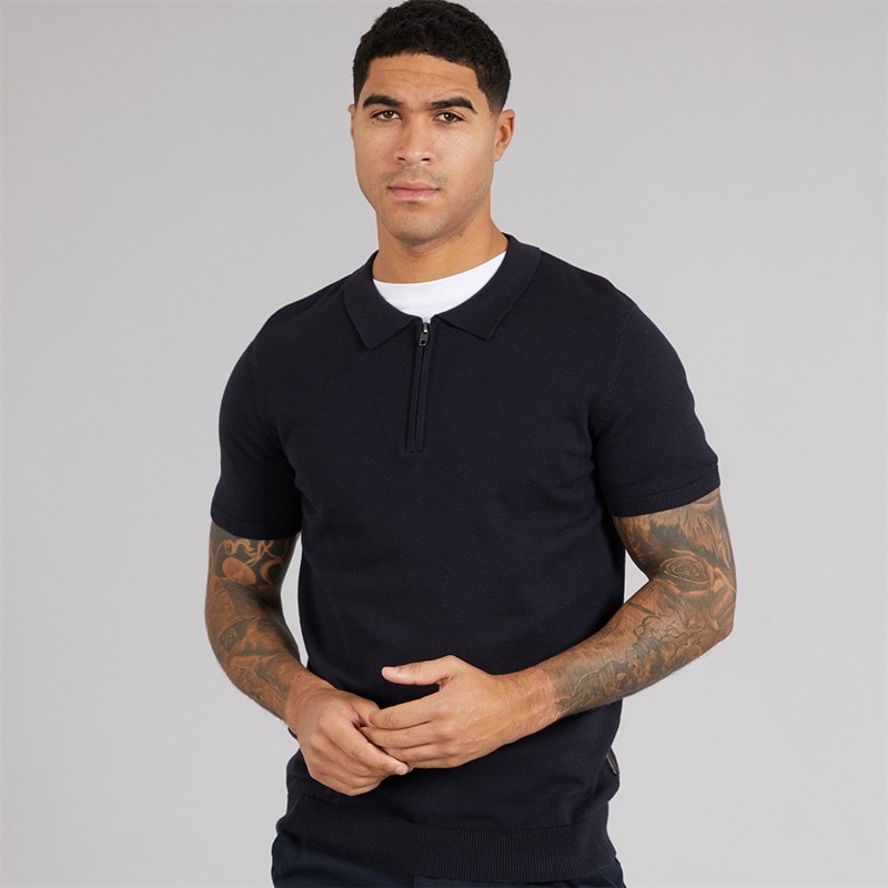 French Connection Heren S/S Katoenen Ritssluiting Breipolo Marine - Afbeelding 3