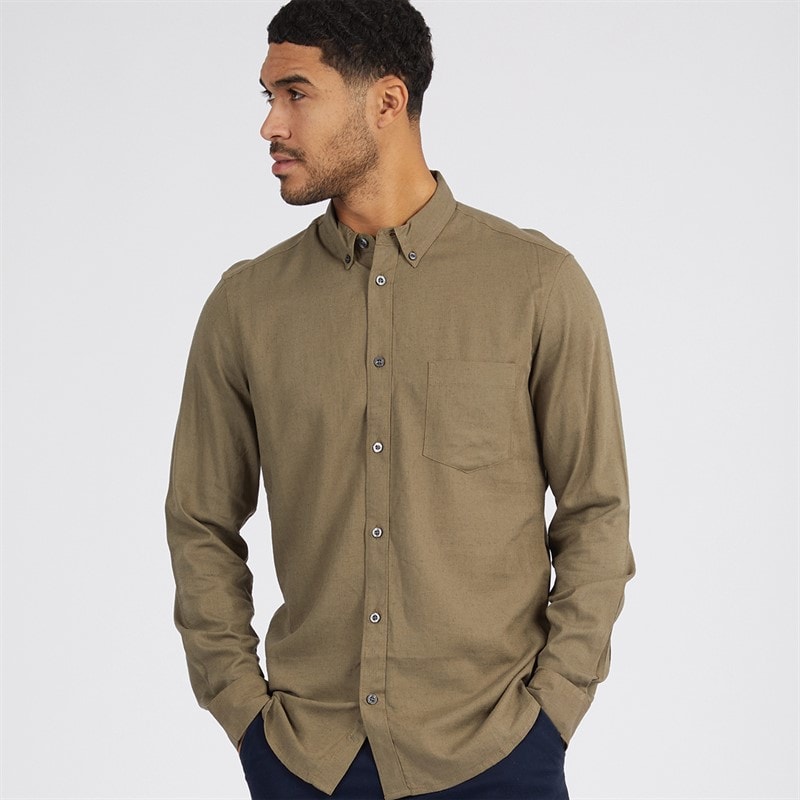 French Connection Heren Linen Overhemden met lange mouwen Khaki