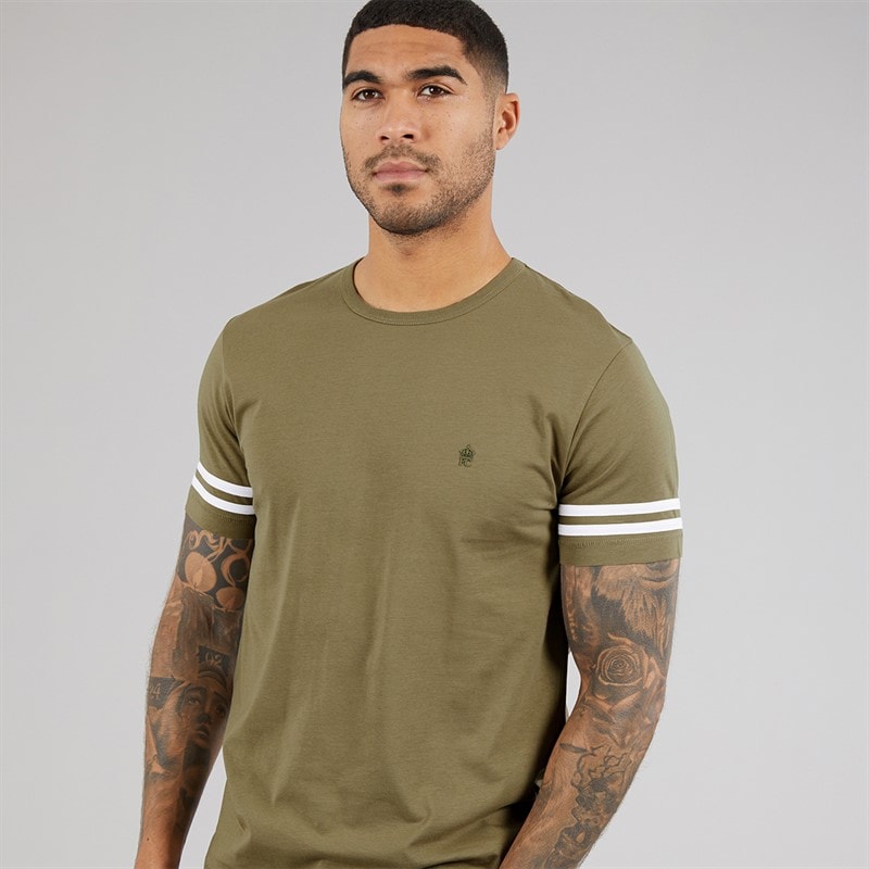 French Connection T-shirt z paskami na rękawach jasne khaki/białe dla niego kolor Lt Khaki/Biały