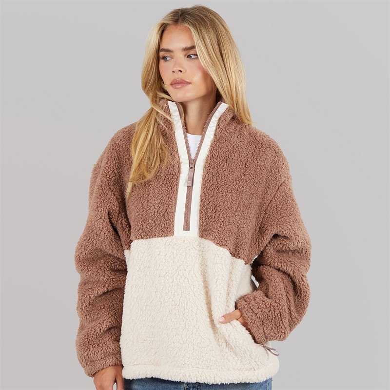 French Connection Dames Borg Blok 1/2 Rit Fleece Mocha/Oatmeal