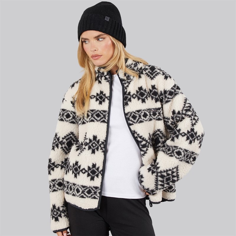 French Connection Dames Borg Aztec Rit Door Fleece Oatmeal/Zwart