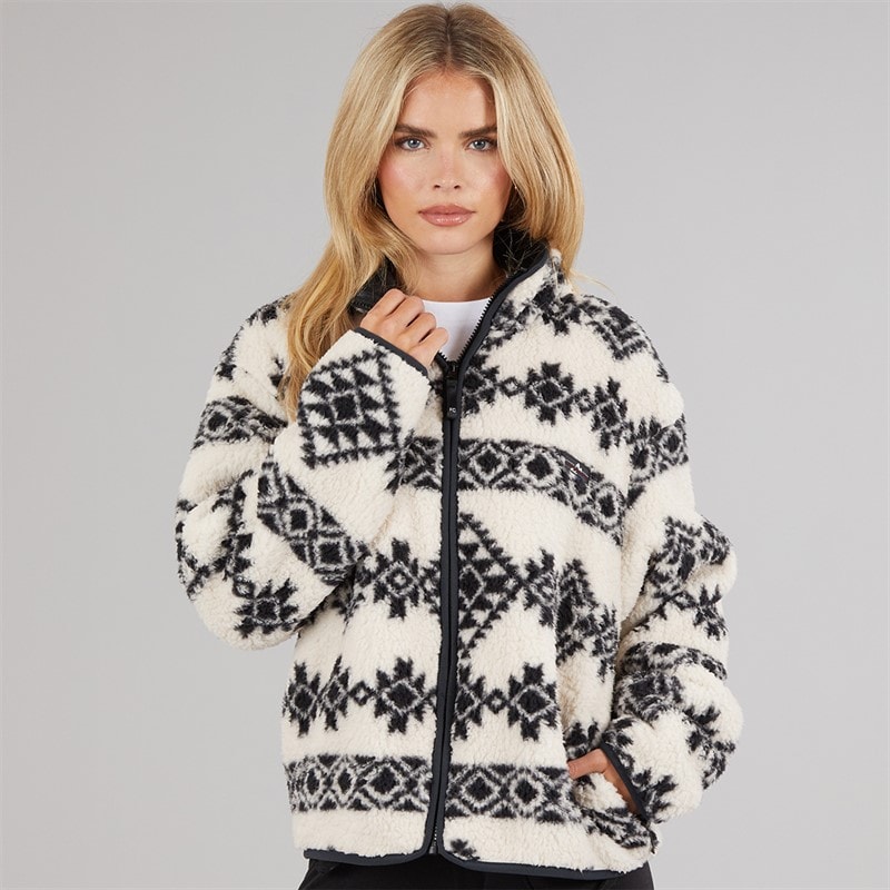 French Connection Dames Borg Aztec Rit Door Fleece Oatmeal/Zwart - Afbeelding 3