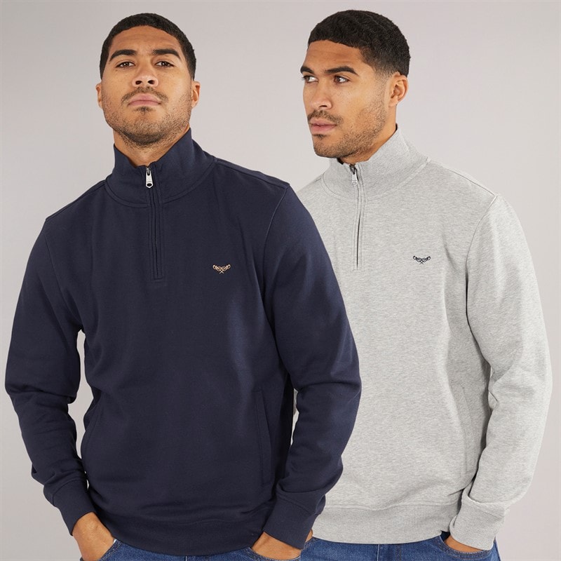 THREADBARE Heren Goudsbloem Twee Pak 1 / 4 Rits Sweatshirts Marineblauw / Grijs