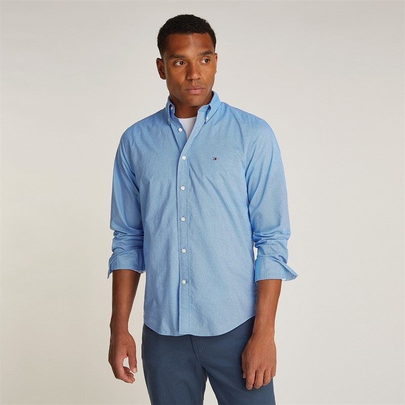 Tommy Hilfiger Heren Flex Poplin Nep Lange Mouw Shirt Night Sky Port - Afbeelding 1