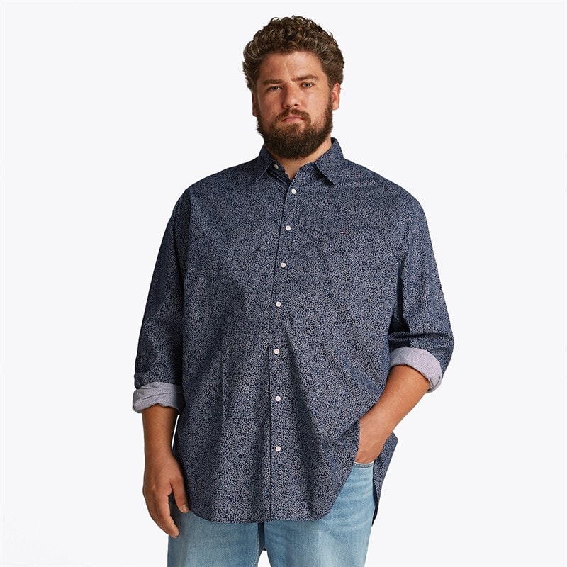 Tommy Hilfiger Grote Maten Heren Poplin Lange Mouw Overhemd Night Sky / Ivory Petal Prt