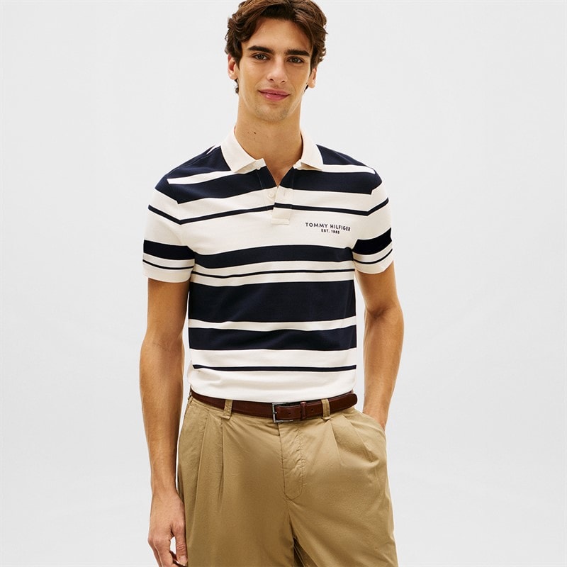 Tommy Hilfiger Herren Pique Multi Streifen Polo Hemd Ivory Petal/Desert Sky
