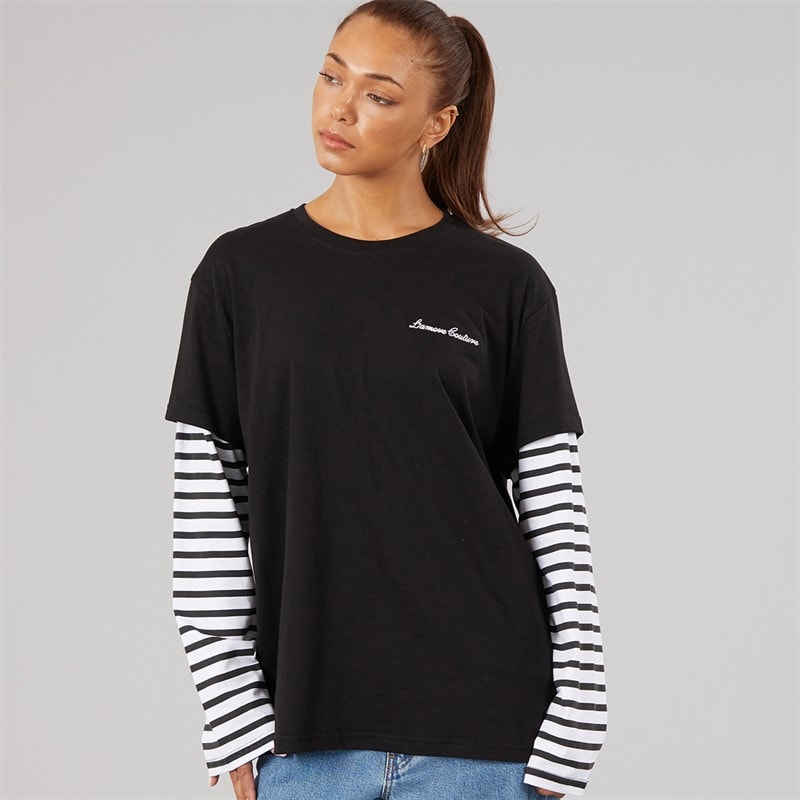 L'amore Couture Dames Cali 2 In 1 Lange Mouw T Shirt Zwart - Afbeelding 1