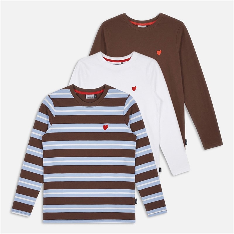 L'amore Couture lot de trois t-shirts Femme manches longues Elowyn Rayure, Brun, Blanc