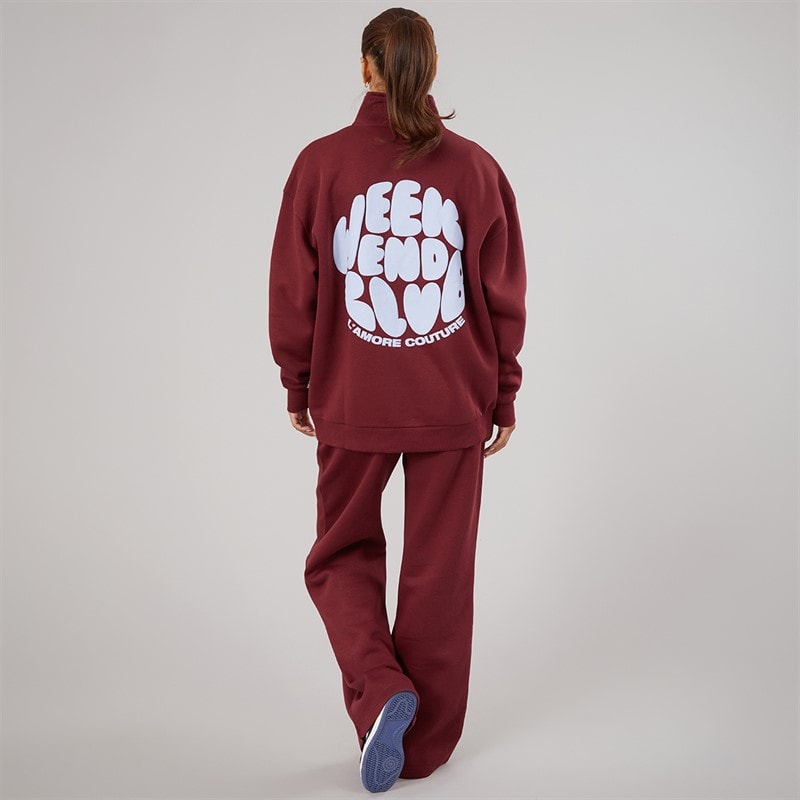 L'amore Couture Dames Lumi Quarter Zip Sweatshirt En Wijde Pijp Joggingbroek Trainingspak Burgundy - Afbeelding 2