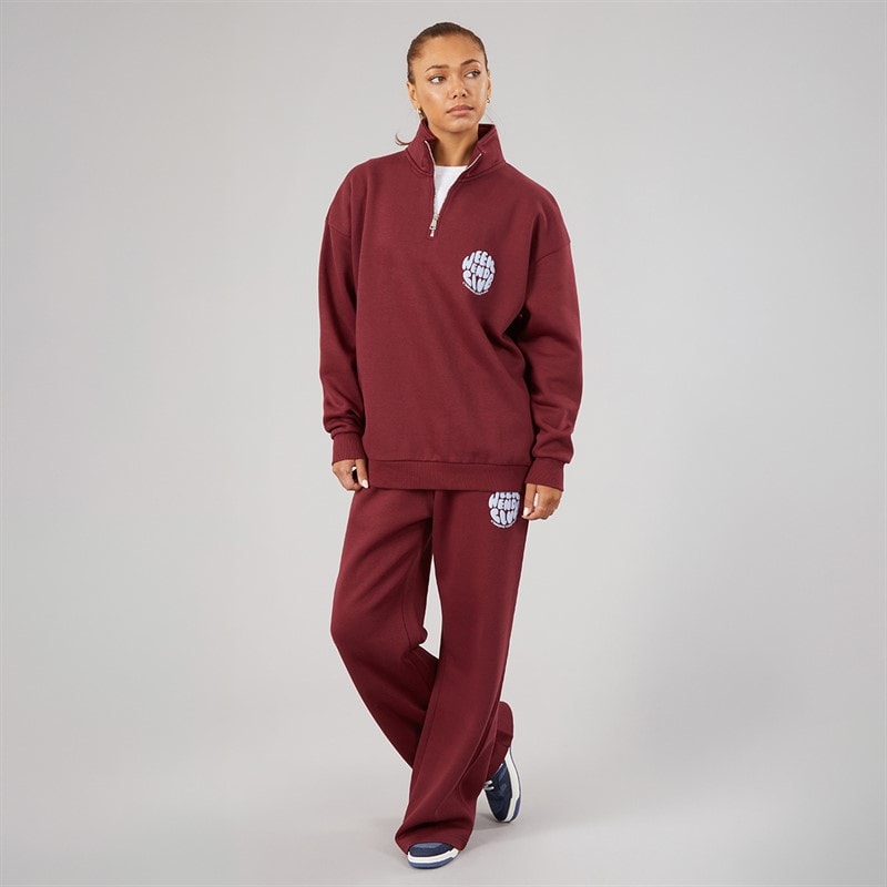 L'amore Couture Dames Lumi Quarter Zip Sweatshirt En Wijde Pijp Joggingbroek Trainingspak Burgundy - Afbeelding 3