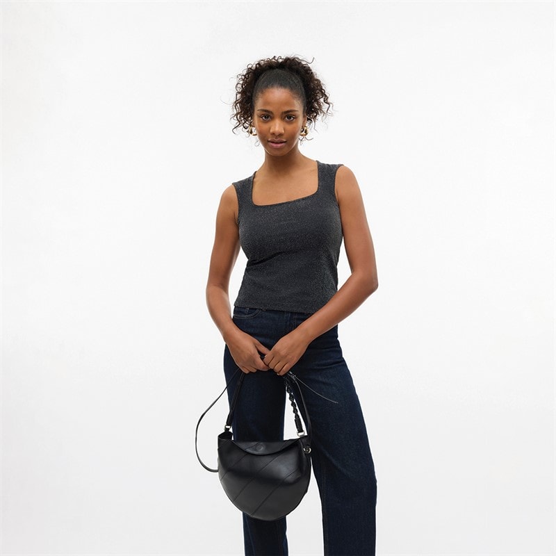 Vero Moda Dames Million Lurex Vierkante Hals Top Zwart Met Zilver