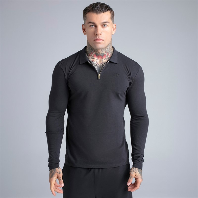 SikSilk Herren Langarm Reißverschluss Poloshirt Schwarz