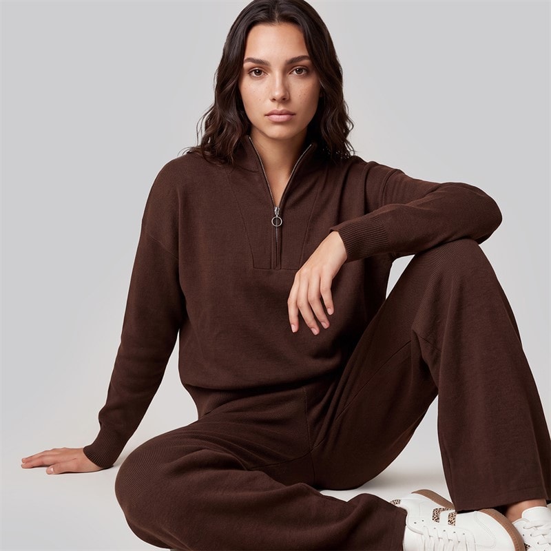 Brave Soul Damen - Joey Gestrickter Pullover Und Weite Hosen Set - Chocolate