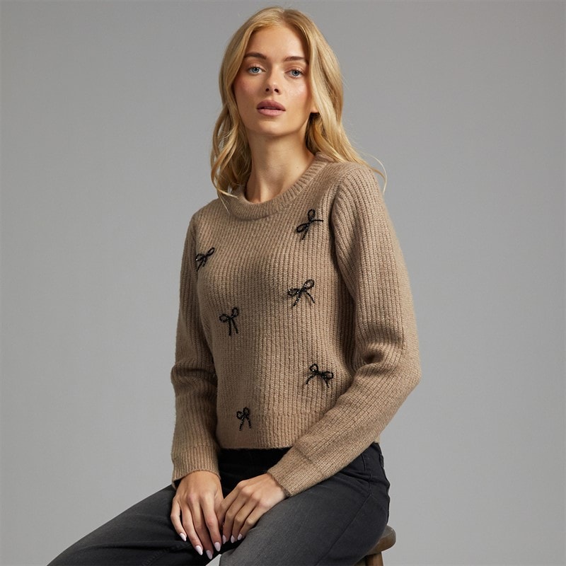 Brave Soul Dames trui pretty fisherman met ronde hals - Mink/Black Bows