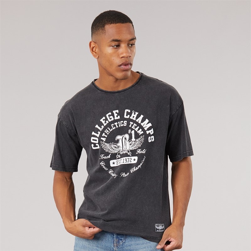 Brave Soul Herren - Elsdon Locker Geschnittenes Rundhals-T-Shirt - Dark Grey Acid Wash