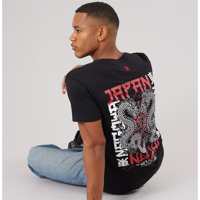 Brave Soul Mężczyźni t-shirt aichi z krótkim rękawem i okrągłym dekoltem - Jet Black/Multi Colour Print