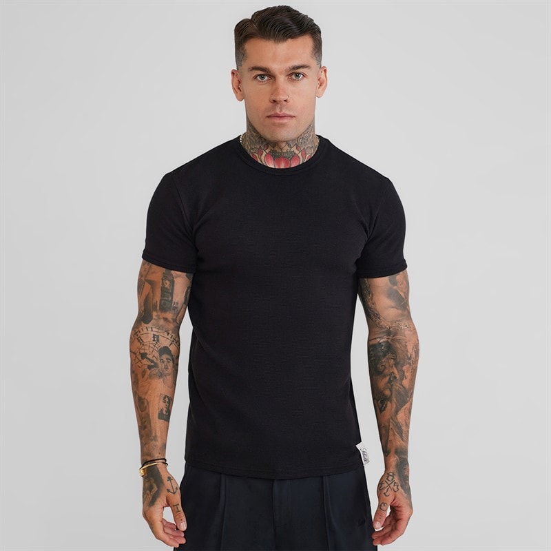 SikSilk Herren - Waffel Muscle-Fit T-Shirt - Schwarz