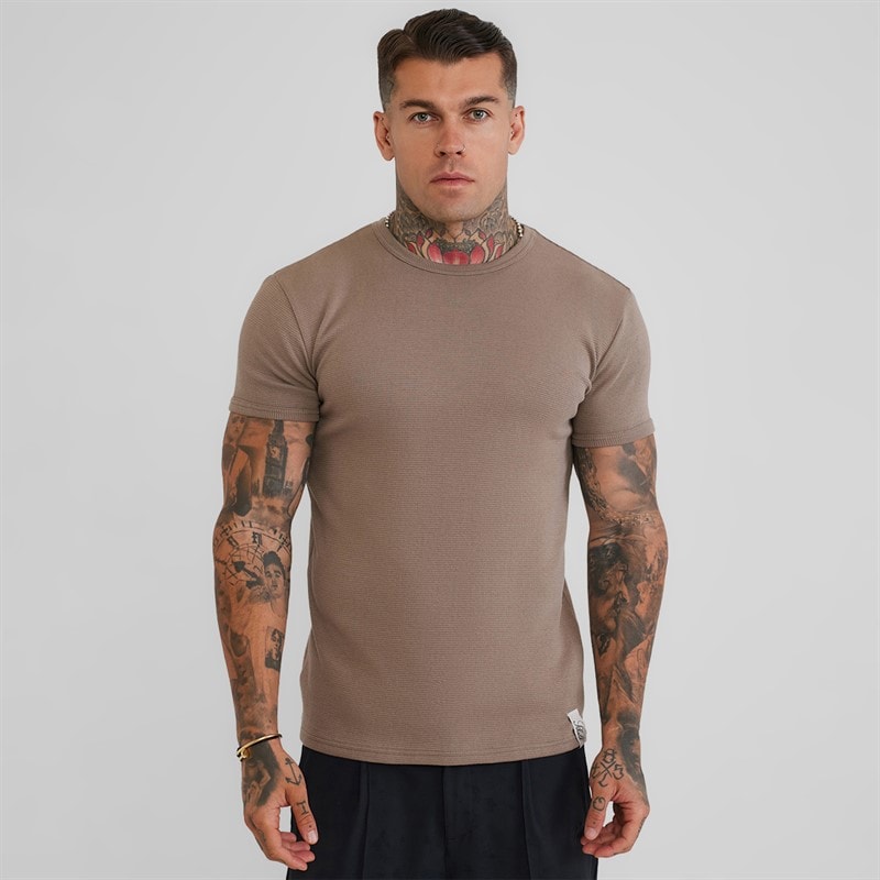 SikSilk Herren - Waffel Muscle-Fit T-Shirt - Braun
