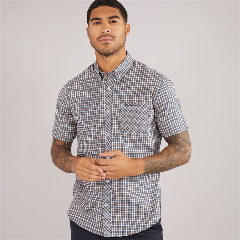 Ben Sherman Mężczyźni koszula na krótki rękaw w kratę domową - Denim Blue