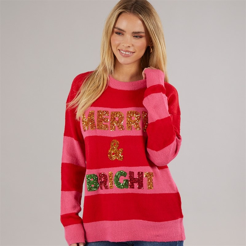 Brave Soul Dames kersttrui met felle kleuren - Rood/Pink Stripe