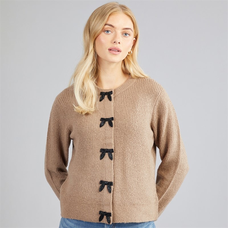Brave Soul Dames akly cardigan met paillettenstrik - Mink