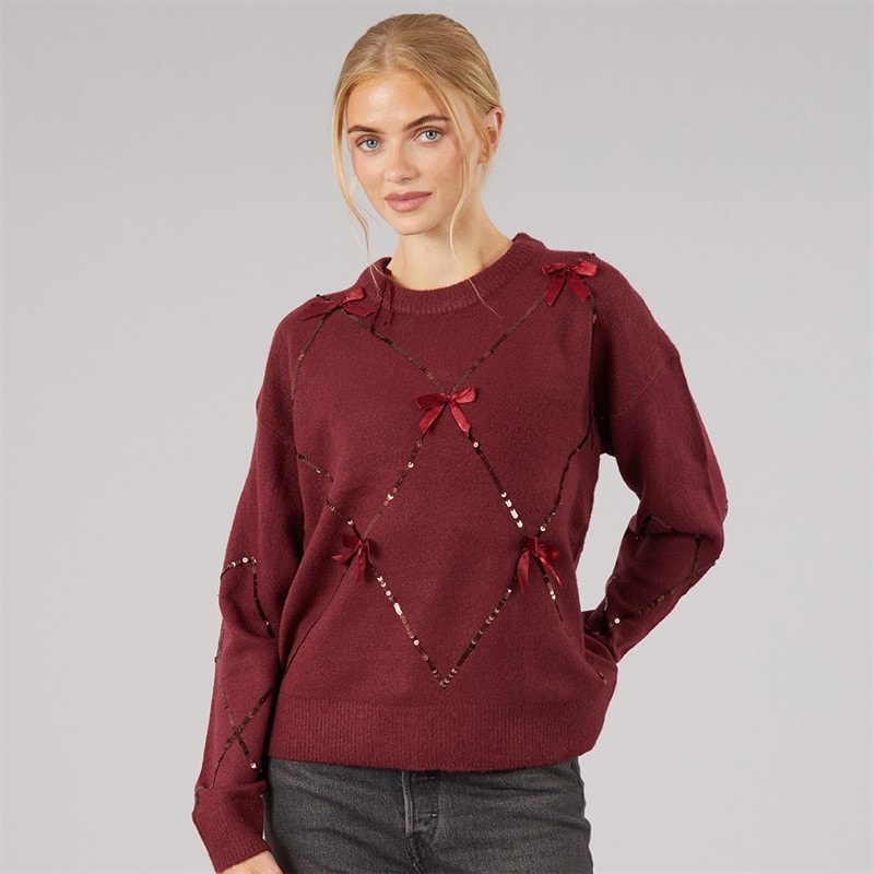 Brave Soul Dames trui met pailletten en ronde hals - Cherry