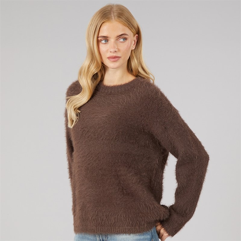 Brave Soul Dames gardena fluffy trui met ronde hals - Chocolate