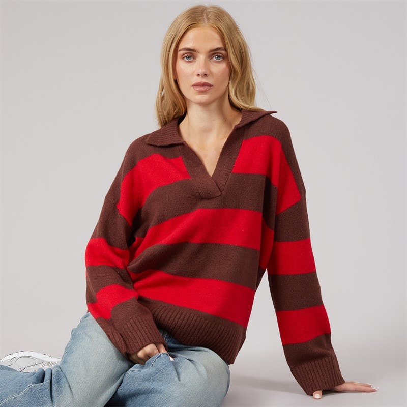 Brave Soul Dames ditto trophy neck trui - Bruin/Red Stripe