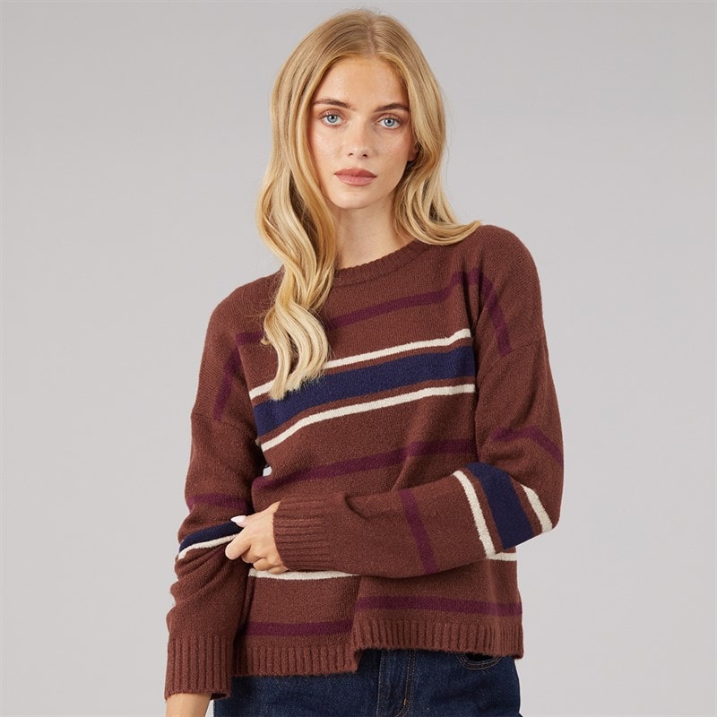 Brave Soul Dames sian trui met ronde hals - Bruin/Multi Stripe